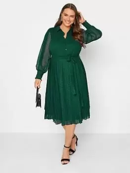 Image of Yours Dobby Pleat Shirt Midi Dress - Forest Green, Size 16, Women