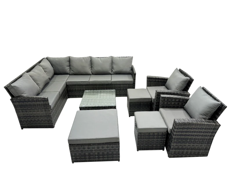 Image of Fimous 11 Seat Poly Rattan Outdoor Patio Coffee Table Corner Sofa Set With 3 Stools 2 Chairs For Garden Backyard Dark Grey Mixed