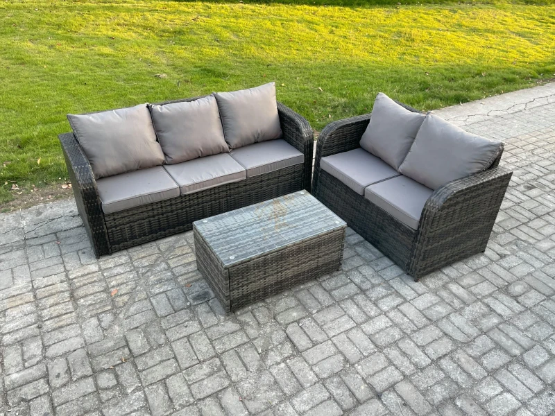Image of Fimous 5 Seater Rattan Wicker Garden Furniture Patio Conservatory Sofa Set with Rectangular Coffee Table 3 Seater Sofa Love Sofa Dark Grey