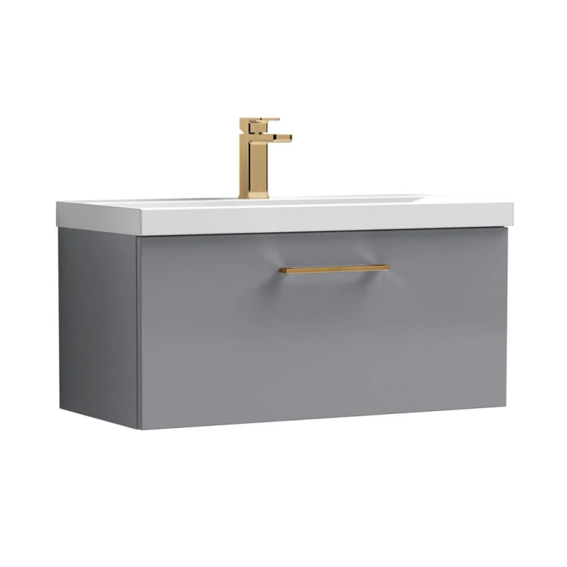 Image of Balterley 800mm Wall Hung 1 Drawer Vanity Basin Unit, Satin Grey, Bronze Handle in Grey Grey Unisex