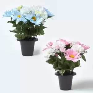 Image of Set of 2 Blue & Pink Daisy Artificial Flowers in Grave Vases - Pink, White, Blue - Homescapes