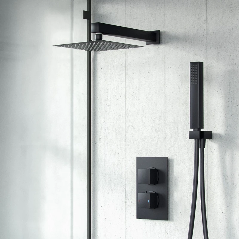 Image of Nes Home Matte Black 2 Dial 2 Outlet Square Concealed Thermostatic Mixer Valve, Shower Head & Handset Black