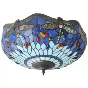 Image of Tiffany Glass Semi Flush Ceiling Light Blue Dragonfly Inverted Shade i00044