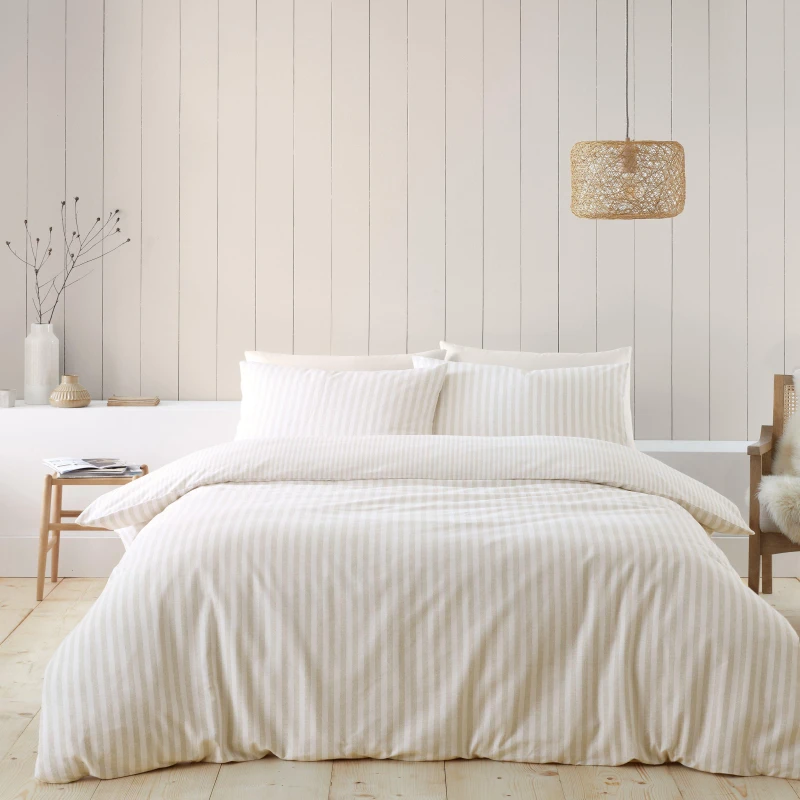 Image of Catherine Lansfield Catherine Lansfield 'Brushed Cotton Stripe' Duvet Cover Set in Natural Size: Super King Natural Super King Unisex 5057681185422