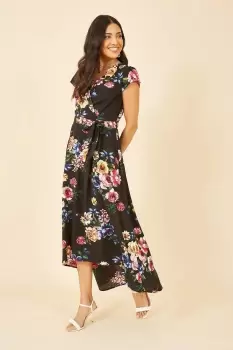 Image of Black Floral Wrap Over Dipped Hem Midi Dress