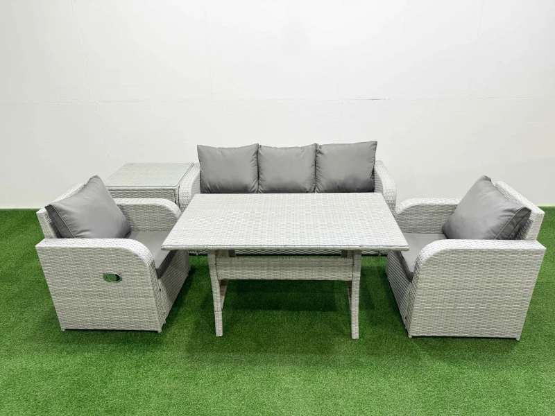 Image of Fimous PE Rattan Garden Furniture Set Reclining Chair Sofa Lounge Sofa Set Rectangular Dining Table Side Table Light Grey Light Grey