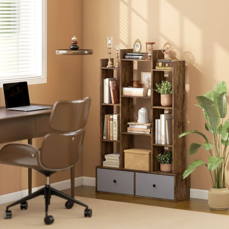 Image of HOMCOM 12-Tier Bookshelf, Bookcase w/ 2 Folding Drawer, Rustic Brown Size: 120cm x 80cm Brown Unisex 120cm x 80 cm