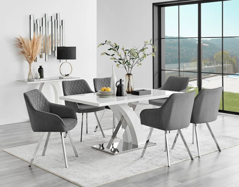 Image of FurnitureboxUK FurnitureboxUK Atlanta 6 White Dining Table and 6 Falun Silver Leg Chairs in Dark Grey Dark Grey One Size Unisex 5056657168476