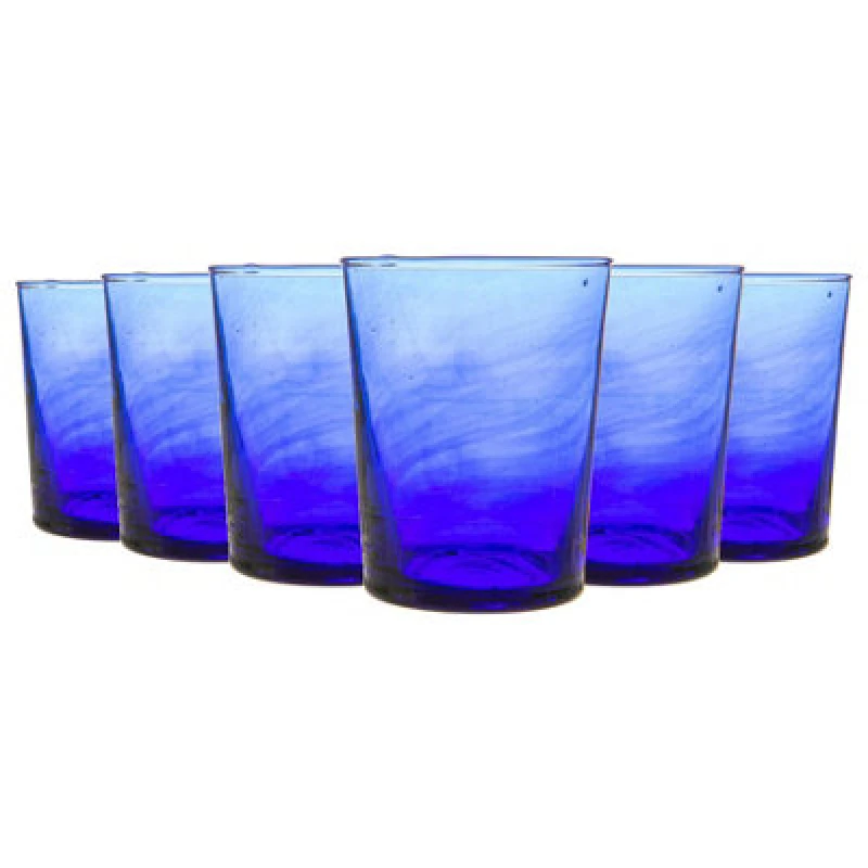 Image of Nicola Spring Meknes 215ml Glass Tumblers - Hand-Blown Moroccan Recycled Whisky Water Drinking Glasses - Blue Glass - Set Of 6