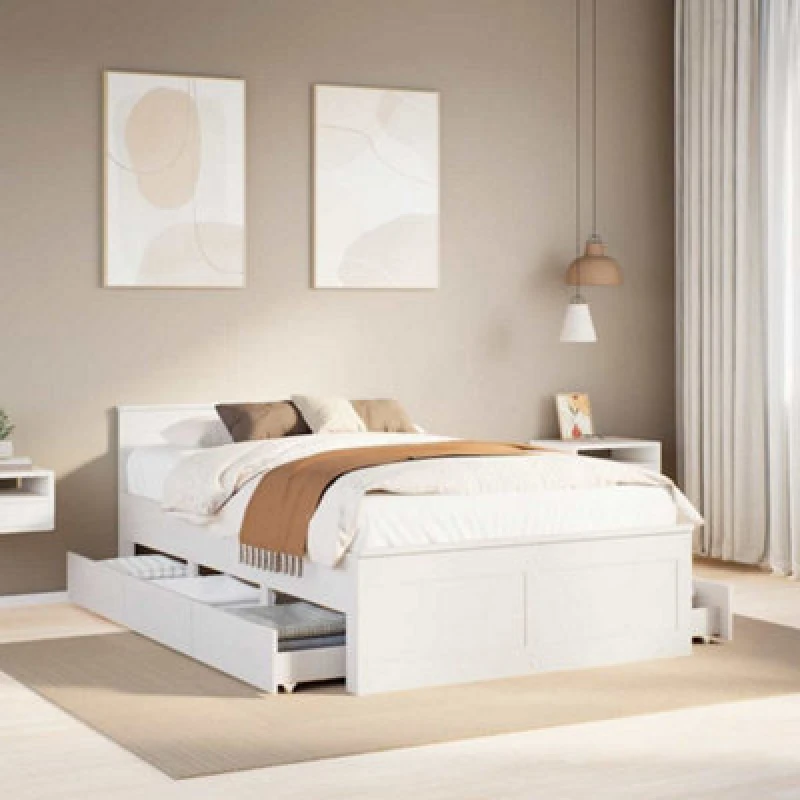 Image of Vidaxl Bed Frame Without Mattress With Headboard White 135X190 Cm Double Solid Wood Pine