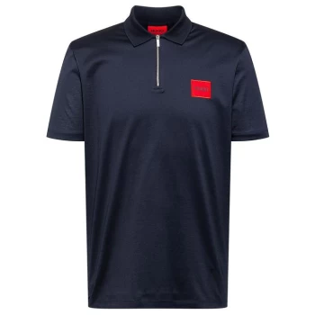 Image of Hugo Boss Deresom Red Patch Logo Zip Polo Shirt Navy Size L Men