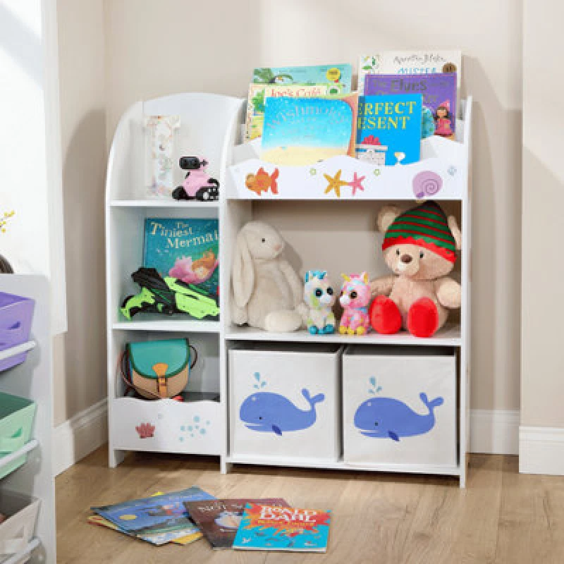 Image of Home Source Anya Kids Ocean Theme 2 Drawer Bookshelf Toy Storage Organiser Shelf Unit