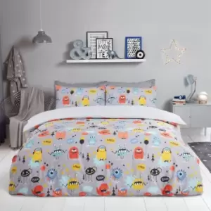 Image of Dreamscene Monster Print Duvet Cover Pillowcase Bedding Set Grey/Multi Single