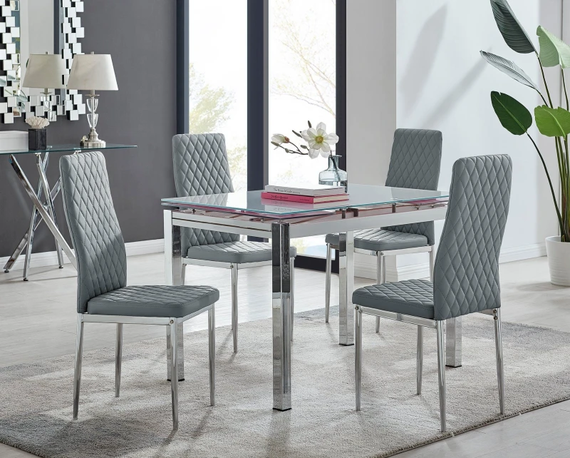 Image of FurnitureboxUK FurnitureboxUK Enna White Glass Extending 4-6 Seater Dining Table and 4 Milan Faux Leather Chairs in Grey Grey One Size Unisex 50565426