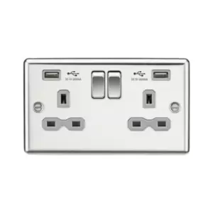 Image of Knightsbridge - 13A 2G Switched Socket Dual usb Charger (2.4A) with Grey Insert - Rounded Edge Polished Chrome