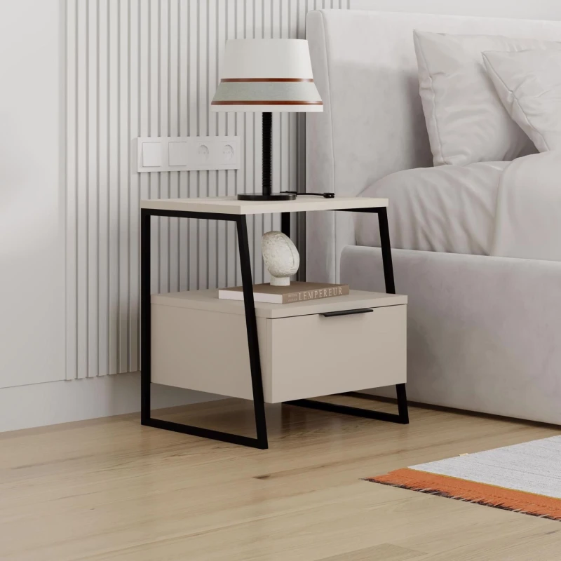 Image of FWStyle FWStyle 1 Door Sandstone Bedside Table Nightstand Cabinet in Beige Beige One Size Unisex 8683628021170