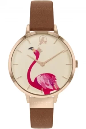 Image of Sara Miller Piccadilly Ladies Tan Leather Strap Flamingo Crown Dial Watch SA2078