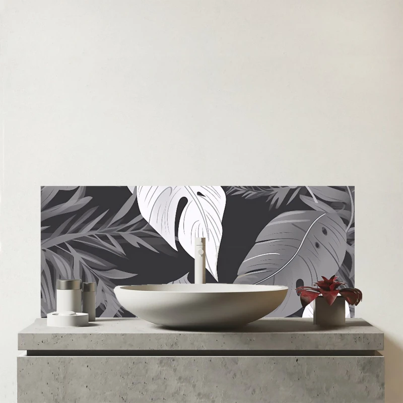 Image of Warren Reed - Designer Black White Tropical Leaves Glass Bathroom Splashback in Grey Grey Unisex