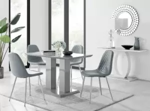 Image of Imperia Grey High Gloss 4 Seater Dining Table with Structural 2 Plinth Column Legs 4 Soft Faux Leather Corona Silver Leg Chairs