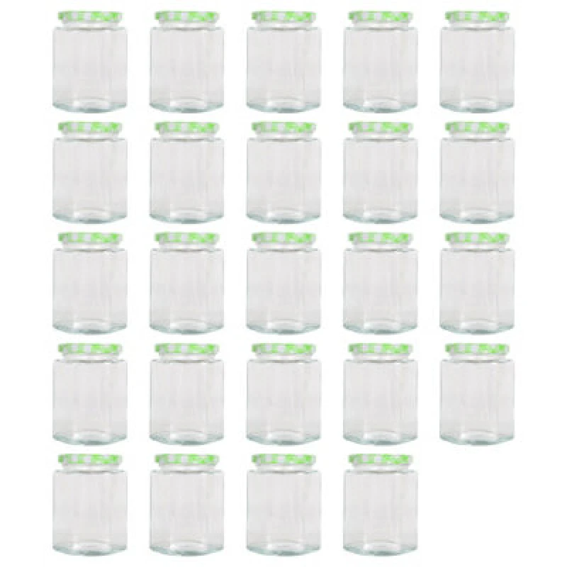 Image of Argon Tableware Hexagonal Glass Jam Jars With Green Gingham Lids - 250ml - Pack Of 24