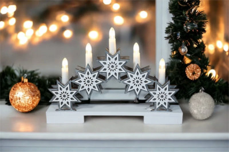 Image of Xmas Haus Natural Wood 5 LED Light Up Christmas Candle Arch with Stars Battery Operated 32cm ELV-195819