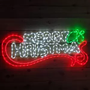 Image of 102 x 44cm Merry Christmas Red & White Rope Light Silhouette with Flashing Green Holly Leaves