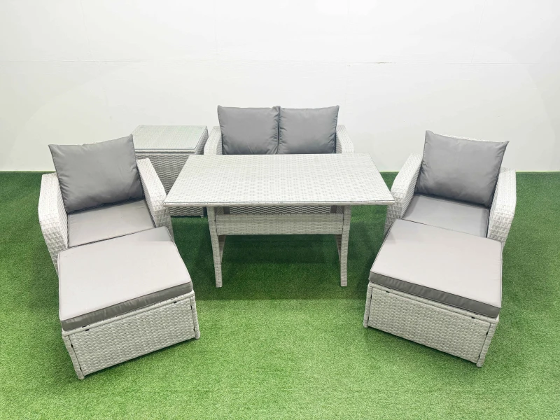 Image of Fimous Light Grey PE Wicker Rattan Garden Furniture Set Sofa Set Reclining Chair Rectangular Dining Table 6 Seater 2 Big Stools Side Table Light Grey
