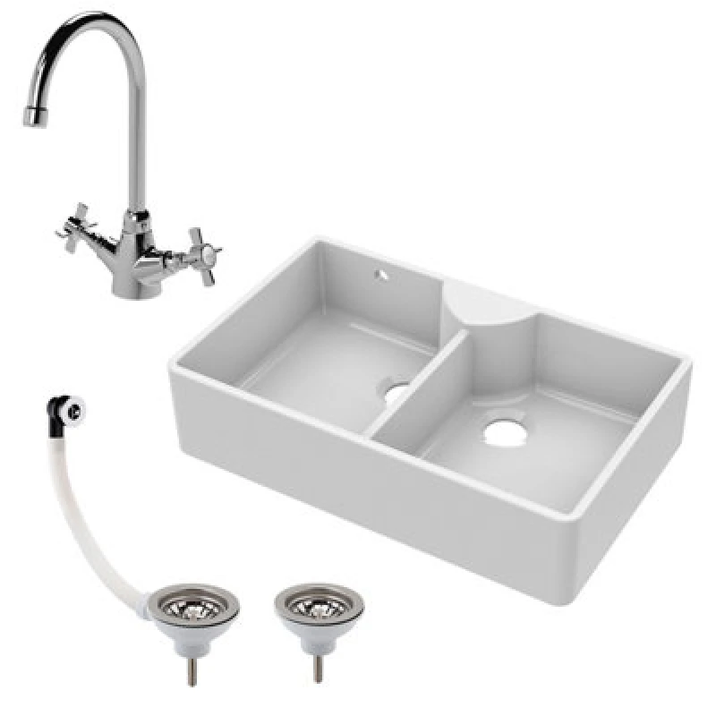 Image of Balterley Fireclay 2 Bowl Stepped Weir Butler Sink Overflow Tap Waste 895mm White
