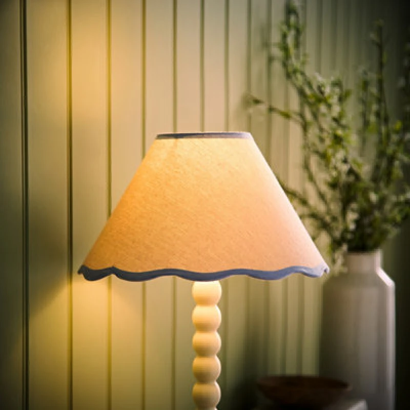 Image of ValueLights Florie Natural Linen Small Tapered Scallop Pastel Trim Lamp Shade & LED Bulb Blue