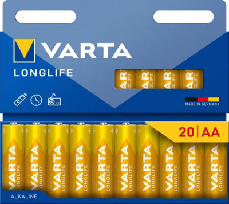 Image of Varta Batteries Aa Pack Of 20, Longlife, Alkaline, 1.5 V, Ideal For Remote Controls, Alarm Clocks, Radios, Wall Clocks, 90%