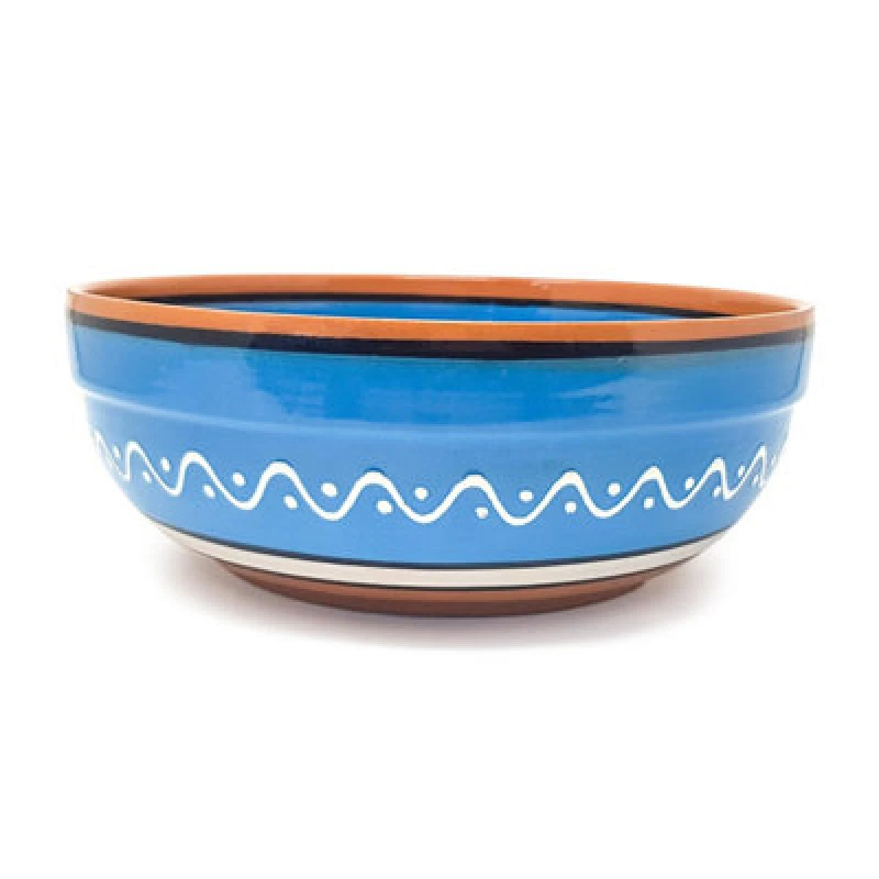 Image of Verano Spanish Ceramics Fiesta Hand Painted Pattern Ceramic Kitchen Dining Deep Salad Bowl Blue (Diam) 26Cm