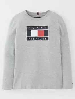 Image of Tommy Hilfiger Boys Global Stripe Flag Long Sleeve T-Shirt - Light Grey Marl Size 8 Years