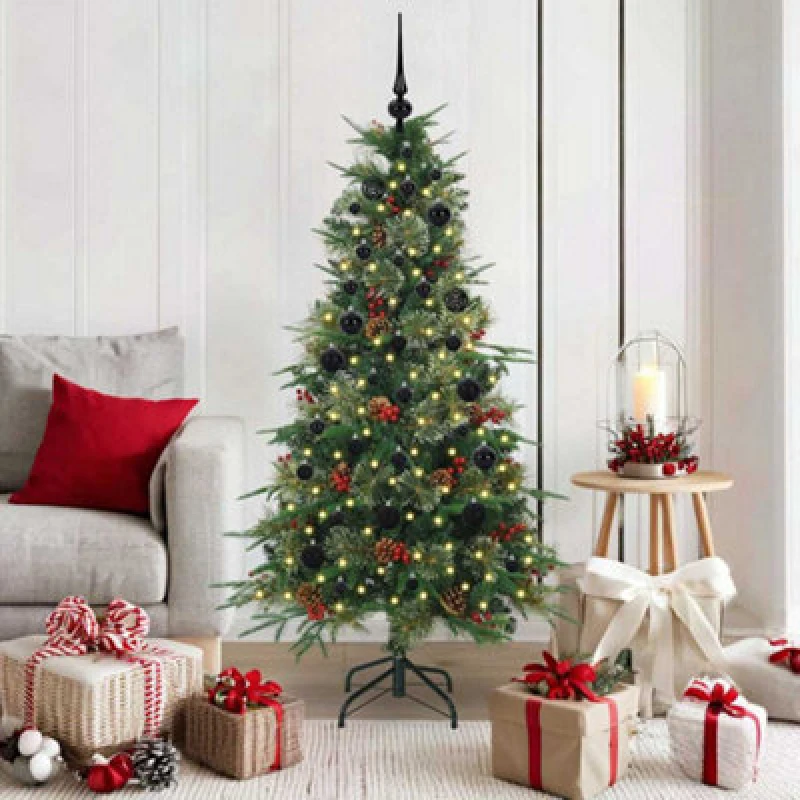 Image of vidaXL Artificial Hinged Christmas Tree with Black Balls Green 150cm PE and PVC, Green 3397407