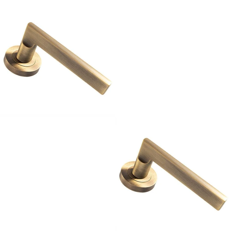 Image of Loops 2x PAIR Straight Plinth Mounted Lever on Round Rose Concealed Fix Antique Brass Metallics