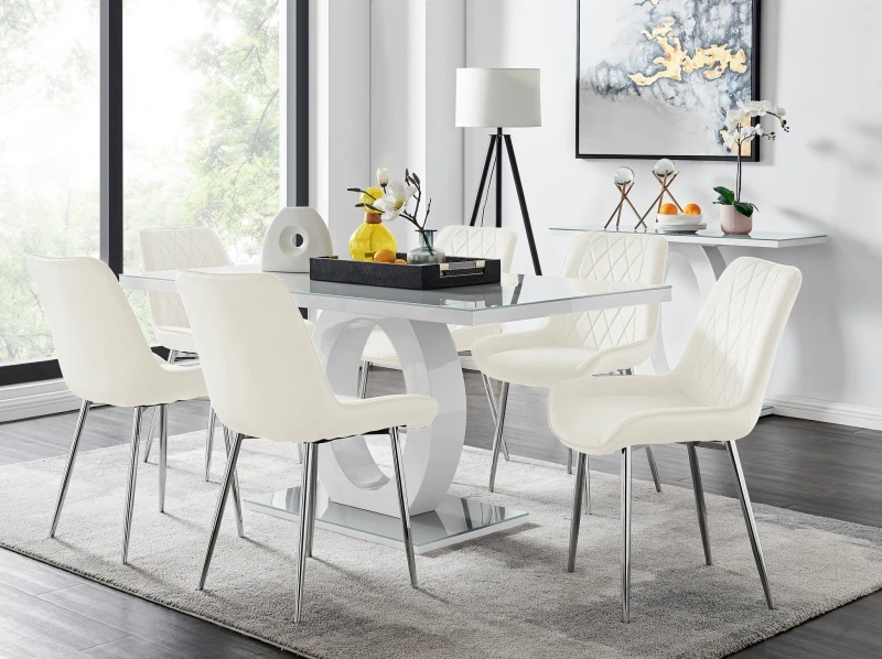 Image of FurnitureboxUK Giovani 6-Seater Grey Glass Dining Table & 6 Pesaro Soft Velvet Dining Chairs in Cream Cream Unisex