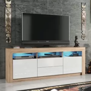 Image of Creative Furniture - tv Unit 160cm Sideboard Cabinet Cupboard tv Stand Living Room High Gloss Doors - Oak & White - Oak & White