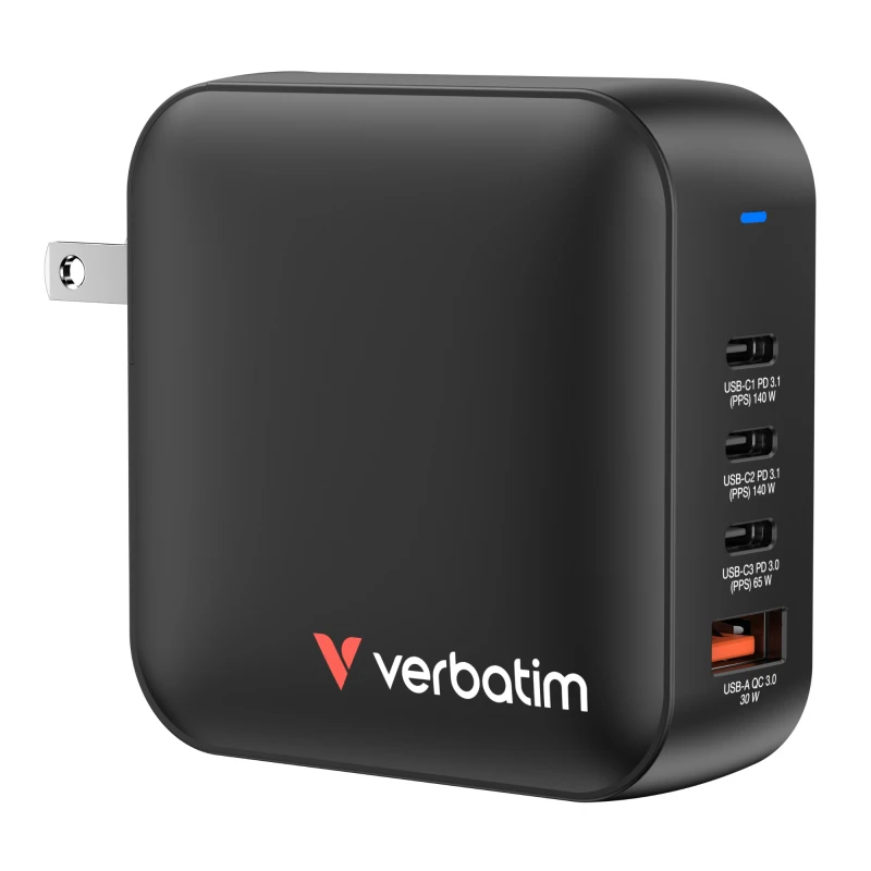 Image of Verbatim Verbatim Mini GaN Charger Travel charger 165 W 1x USB-A, 3x USB-C Power Delivery, USB PD 3.1, QC 3.0 Black Quick charger, GaN, incl. Europe