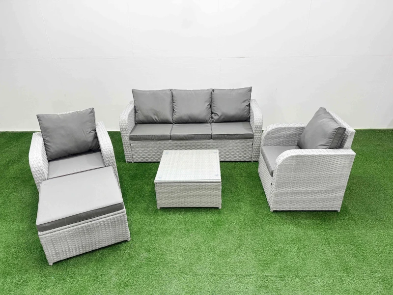 Image of Fimous PE Rattan Garden Furniture Set Reclining Chair Sofa Lounge Sofa Set Square Coffee Table Big Footstool Light Grey Light Grey