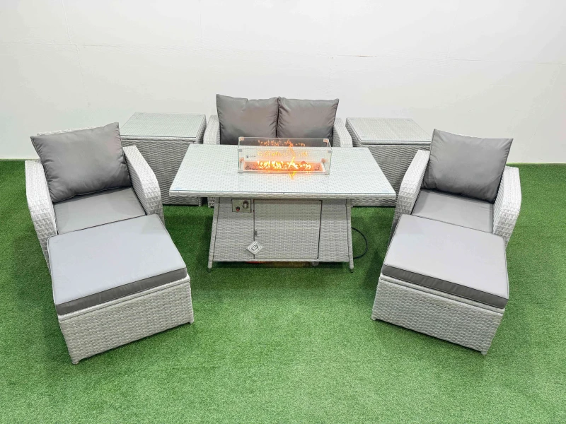 Image of Fimous Light Grey PE Wicker Rattan Garden Furniture Set Sofa Set Reclining Chair Firepit Dining Table 6 Seater 2 Big Stools 2 Side Table Light Grey