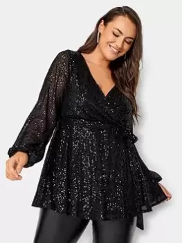 Image of Yours Sequin Long Sleeve Wrap Top, Black, Size 20, Women