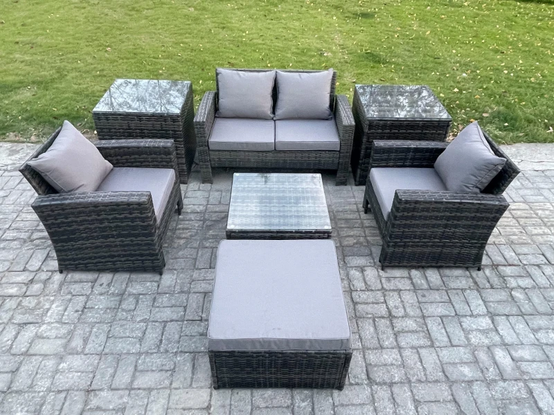 Image of Fimous 5 Seater Outdoor Garden Furniture High Back Rattan Sofa Set with Square Coffee Table Big Footstool Dark Grey Mixed Dark Grey Unisex