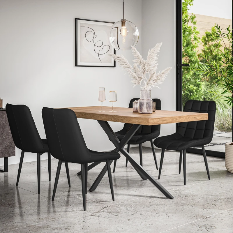 Image of More4Homes Donni Dining Table And Chairs - Oak Effect Table Top W Black Legs + Nova Faux Leather Dining Chair Set Of 6 (Black)