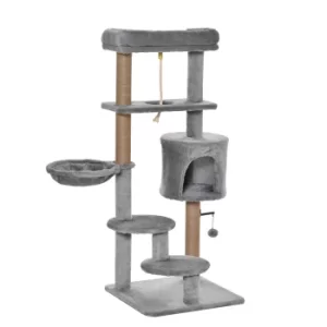 Image of PawHut Cat Tree Tower 120cm Climbing Kitten Activity Center with Jute Scratching Post Perch Hanging Ball Hammock Teasing Rope Condo Toy Light Grey
