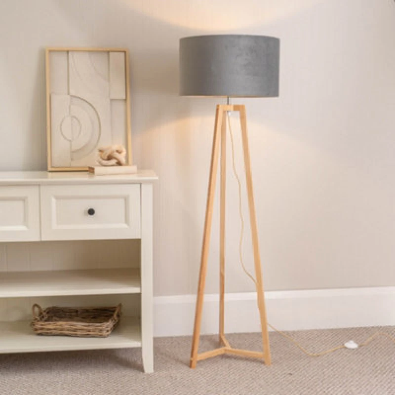 Image of ValueLights Lottie Natural Wood Tripod Floor Lamp with Velvet Drum Shade Grey