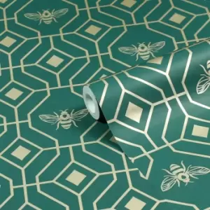 Image of Bee Deco Gold Foil Wallpaper Emerald