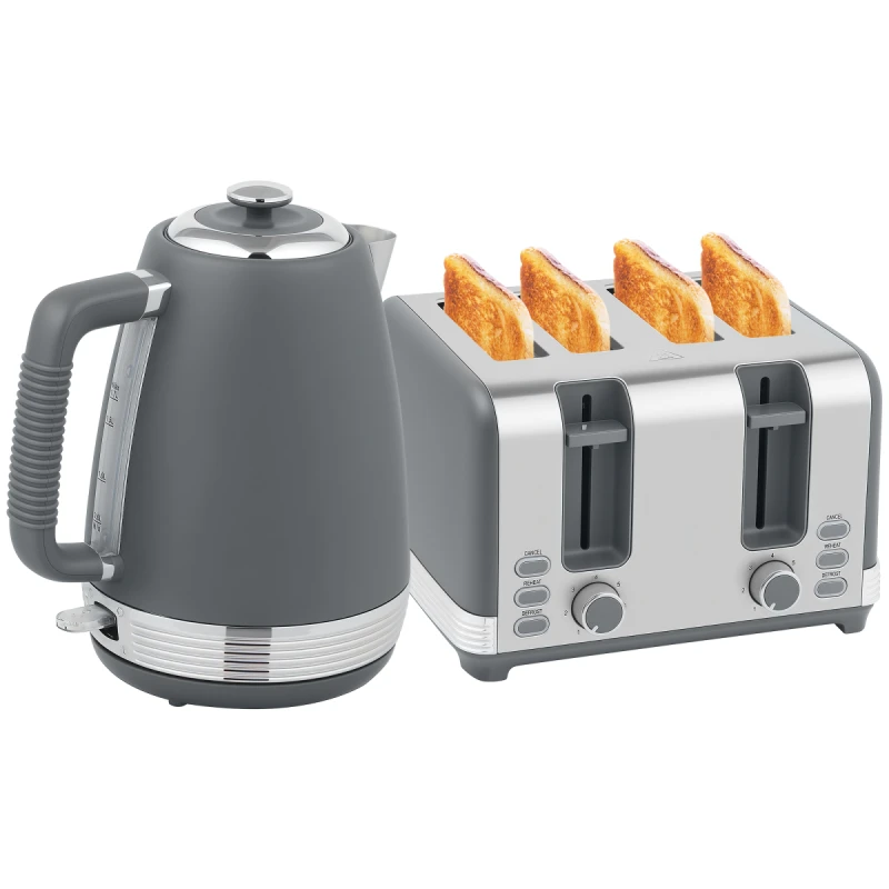 Image of HOMCOM HOMCOM 1.7L 3000W Quick Boil Kettle and 4 Slice Toaster Set Crumb Tray - Grey