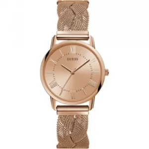 Image of GUESS Ladies rose gold watch with braided mesh bracelet.