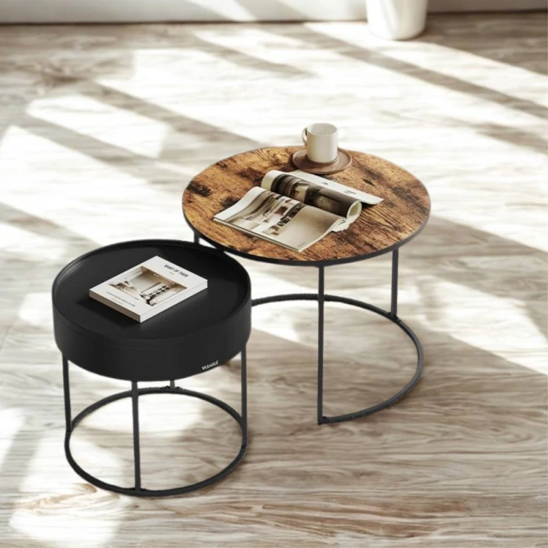 Image of Pirlo Plush 2PC Industrial Round Nesting Tables Living Room Furniture in Brown Brown Unisex