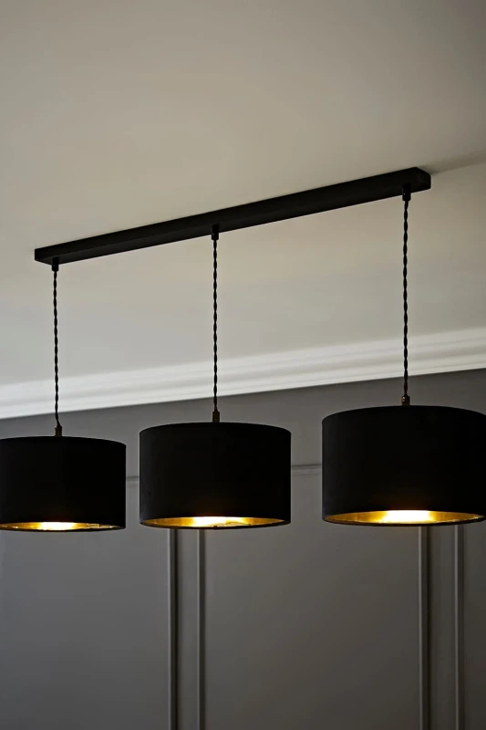 Image of ValueLights ValueLights Reni Black Velvet & Gold Shade 3 Drop Bar Black Diner Ceiling Light Black One Size Unisex 5059406062988