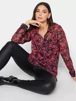 Image of Long Tall Sally Sheer Button Thru Shirt Blurred Floral, Red, Size 10, Women